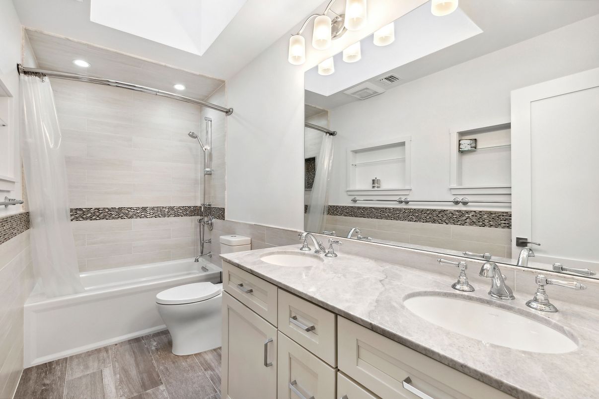 Bathroom, Dual Sink Vanities, Interior, Recessed Lighting, Wood Texture Flooring