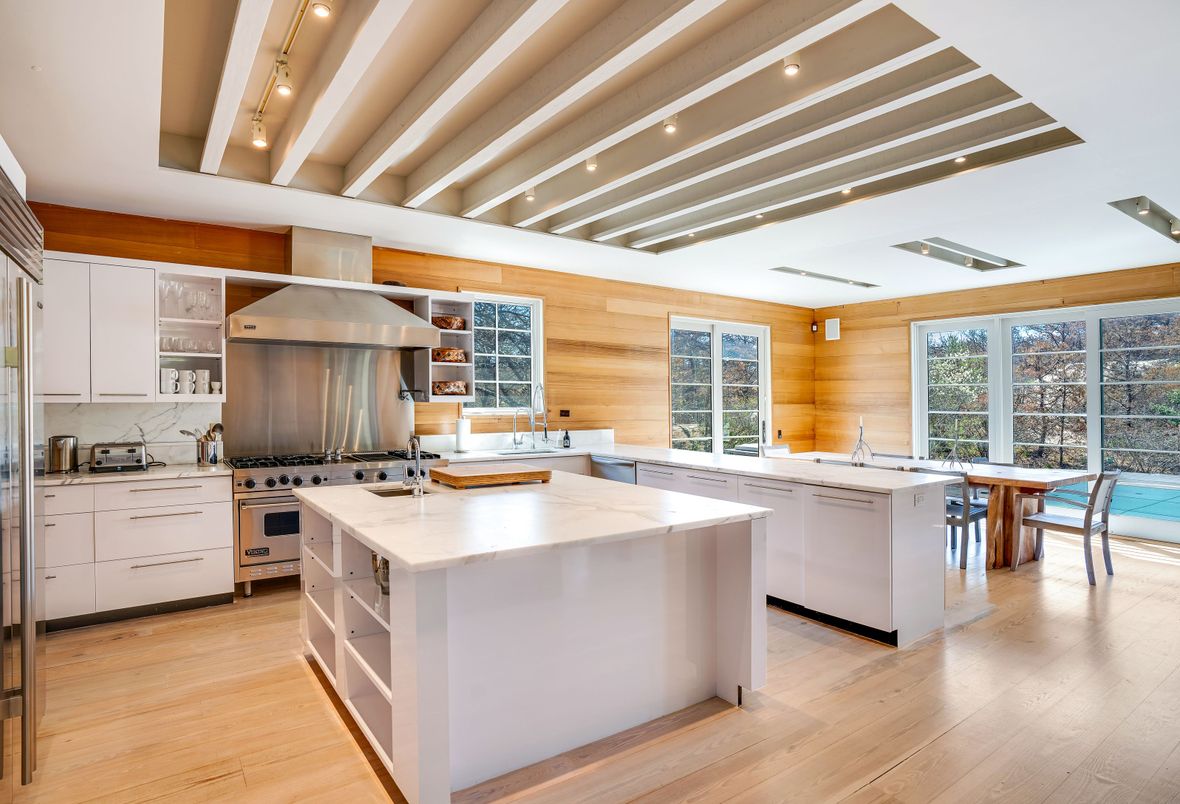 Interior, Kitchen, Recessed Lighting, Stainless Steel Appliances, Wood Texture Flooring, Wooden Walls