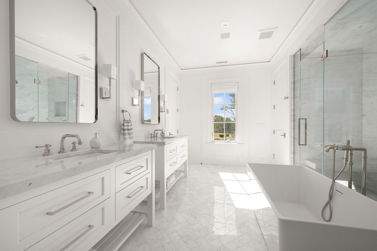 Bathroom, Dual Sink Vanities, Glass Shower, Interior, Marble
