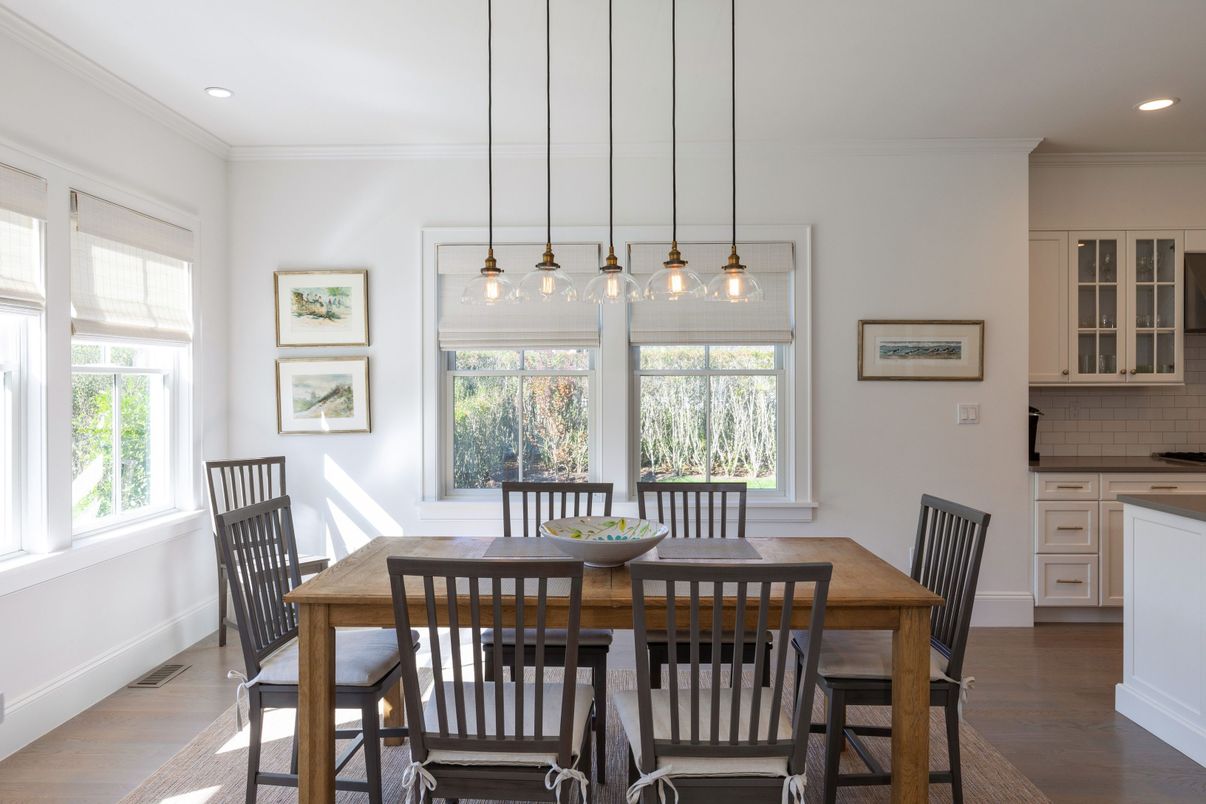 Dining room, Interior, Pendant Lights, Recessed Lighting, Wood Texture Flooring