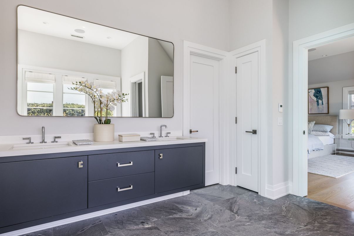 Bathroom, Bedroom, Dual Sink Vanities, Interior, Recessed Lighting, Wood Texture Flooring