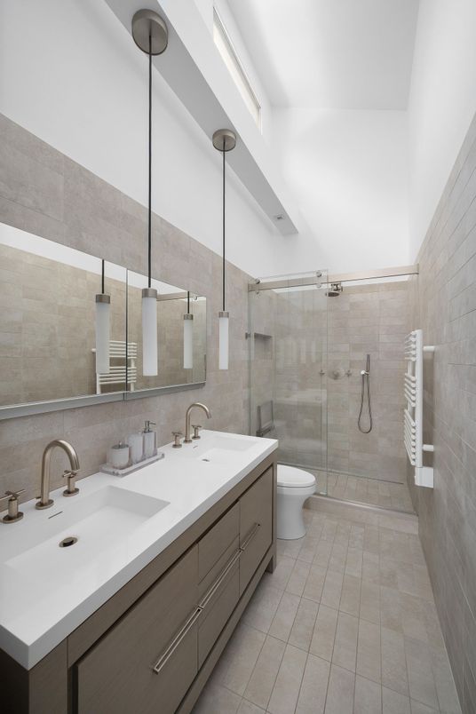 Bathroom, Dual Sink Vanities, Glass Shower, Interior, Pendant Lights