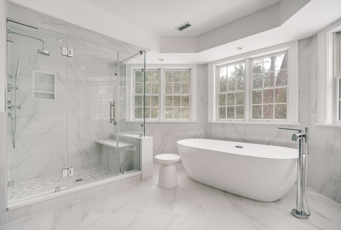 Bathroom, Free Standing Baths, Glass Shower, Interior, Marble, Marble Walls