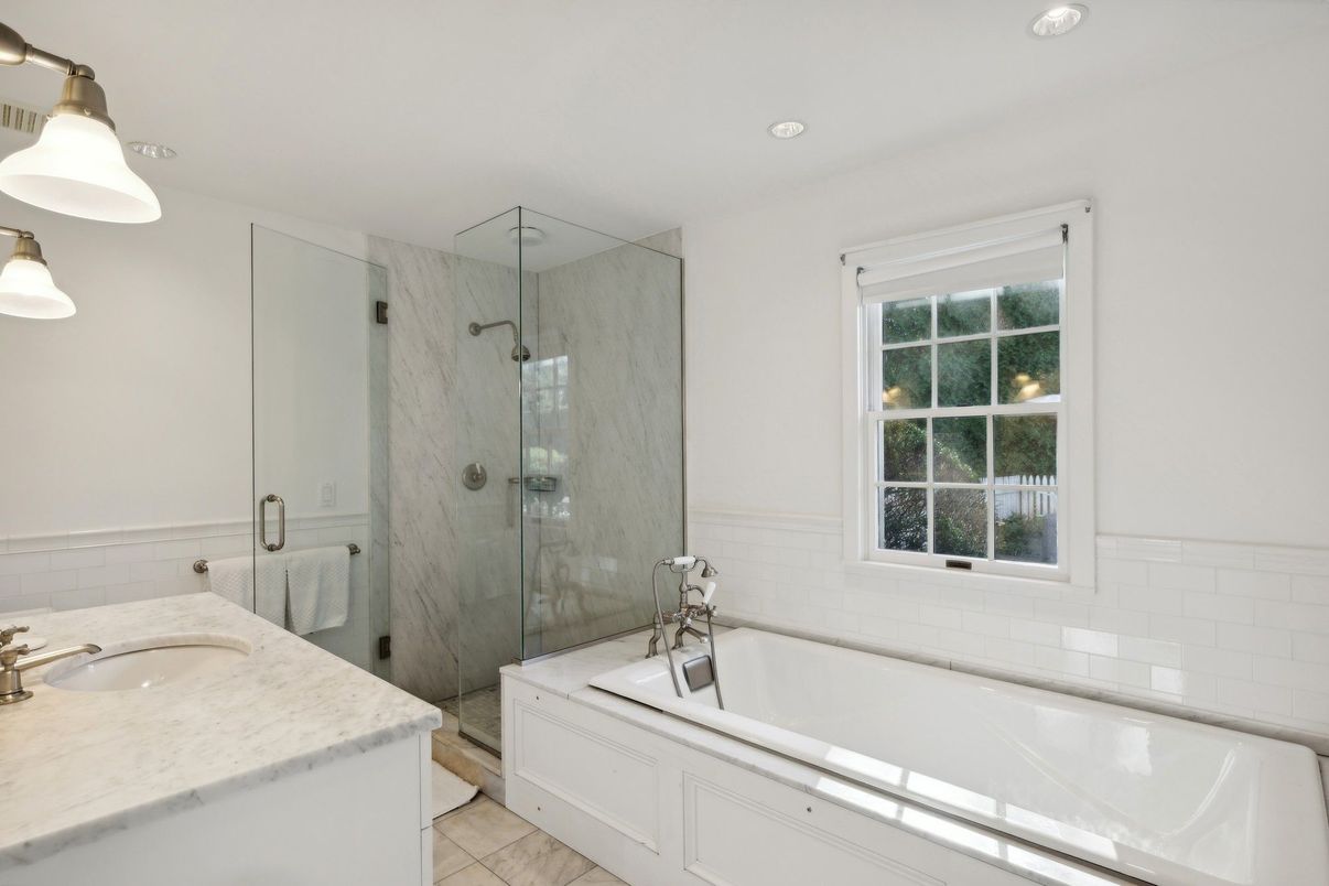 Bathroom, Dual Sink Vanities, Glass Shower, Interior, Pendant Lights, Recessed Lighting