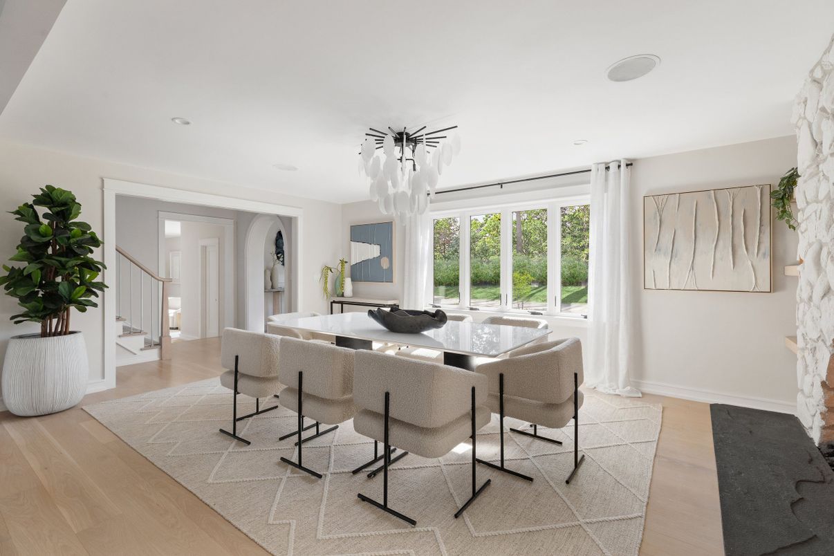 Dining room, Interior, Pendant Lights, Recessed Lighting, Wood Texture Flooring