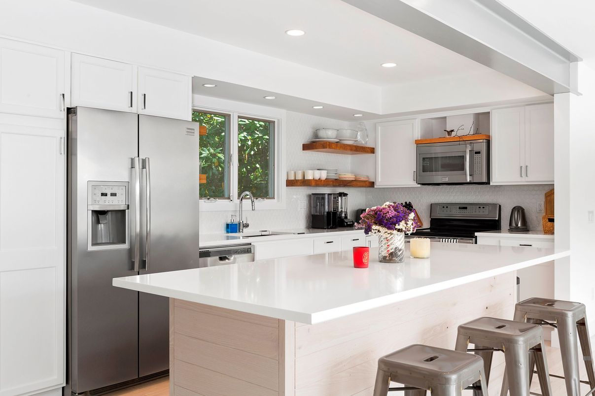 Interior, Kitchen, Recessed Lighting, Stainless Steel Appliances, Wood Texture Flooring