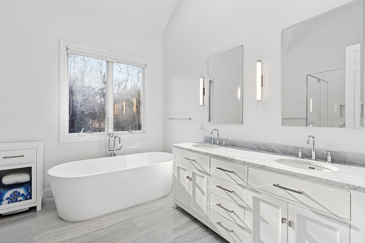 Bathroom, Dual Sink Vanities, Free Standing Baths, Interior, Wood Texture Flooring