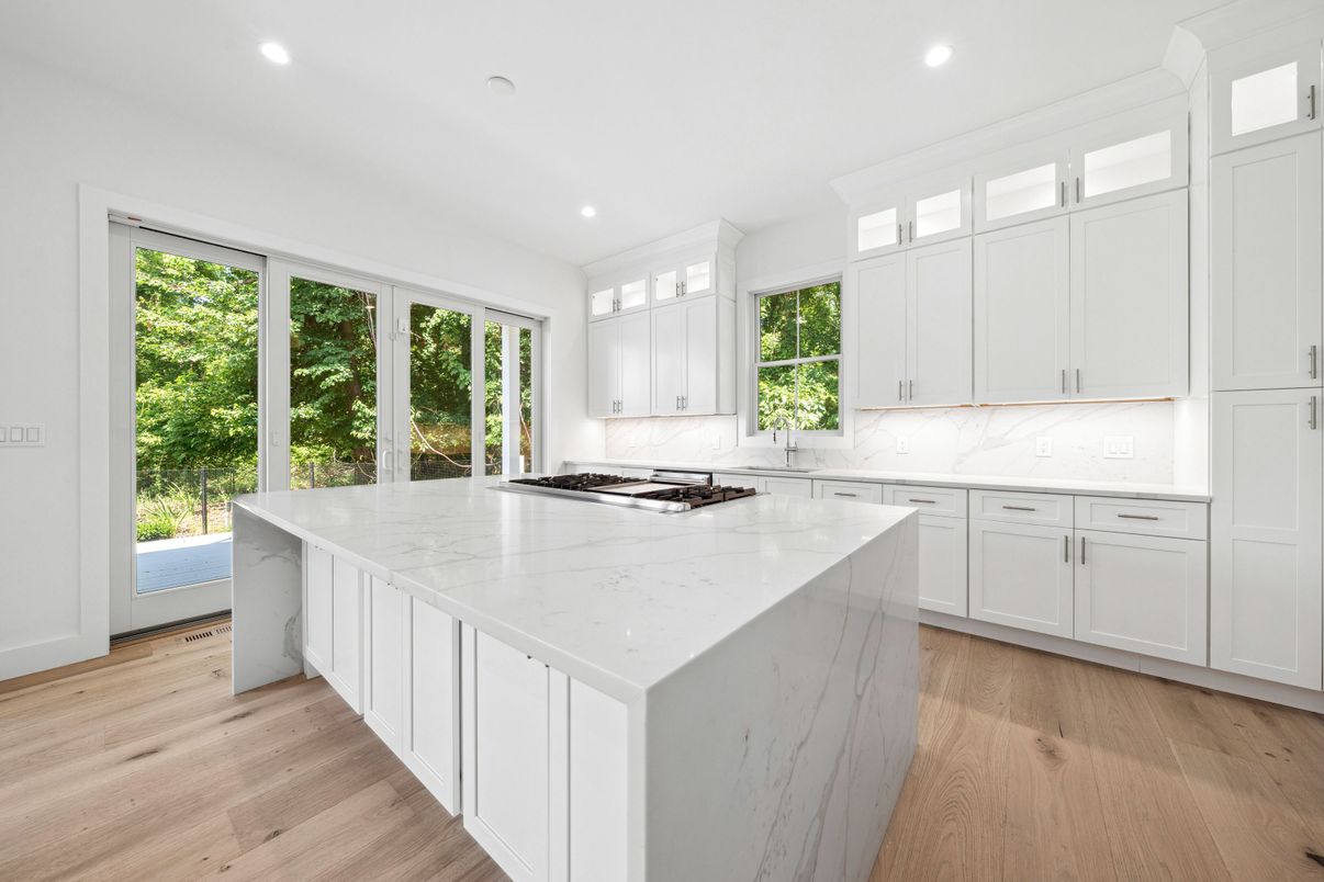 Interior, Kitchen, Marble Walls, Recessed Lighting, Wood Texture Flooring