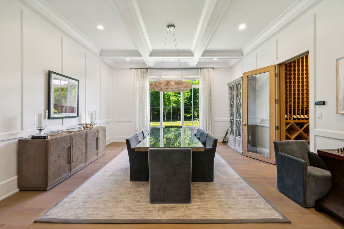 Dining room, Interior, Recessed Lighting, Wine Storage, Wood Texture Flooring