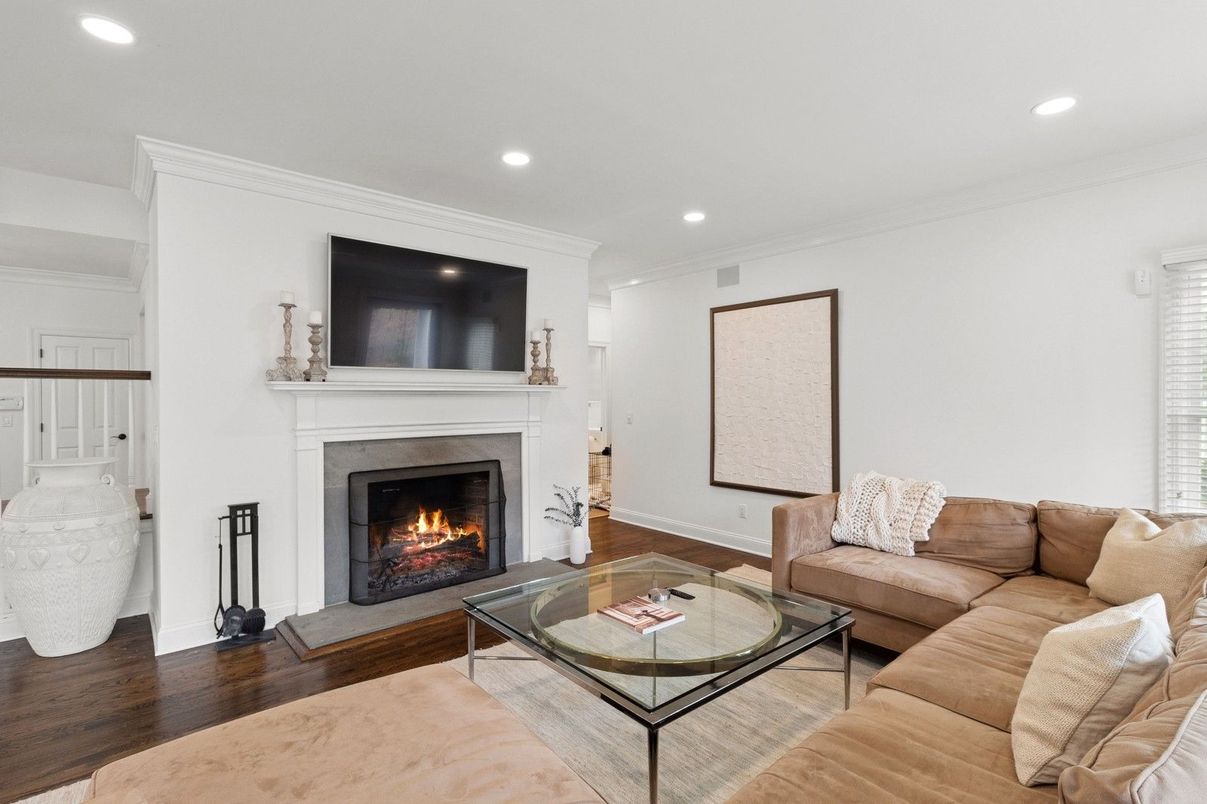 Fireplace, Interior, Living room, Recessed Lighting, Wood Texture Flooring