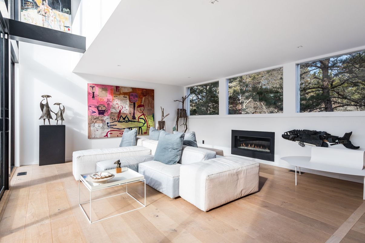 Fireplace, Interior, Living room, Recessed Lighting, Wood Texture Flooring
