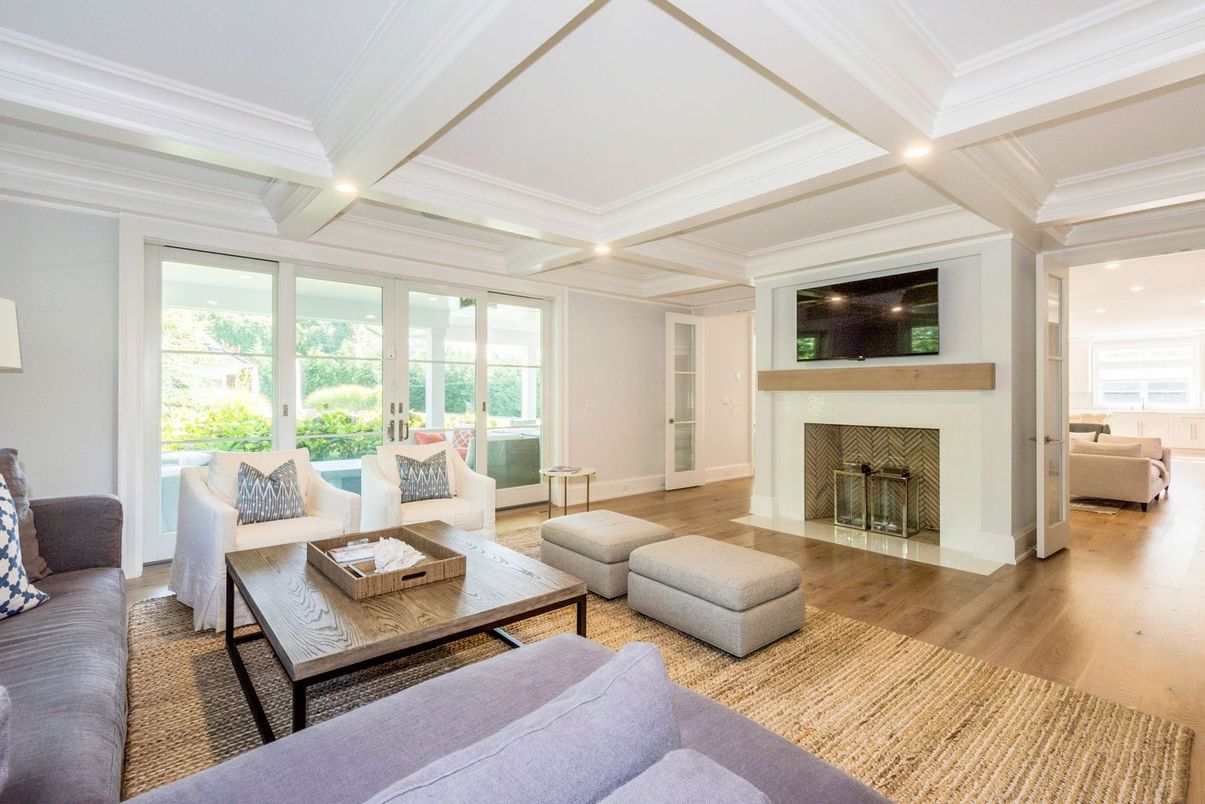 Fireplace, Interior, Living room, Recessed Lighting, Wood Texture Flooring