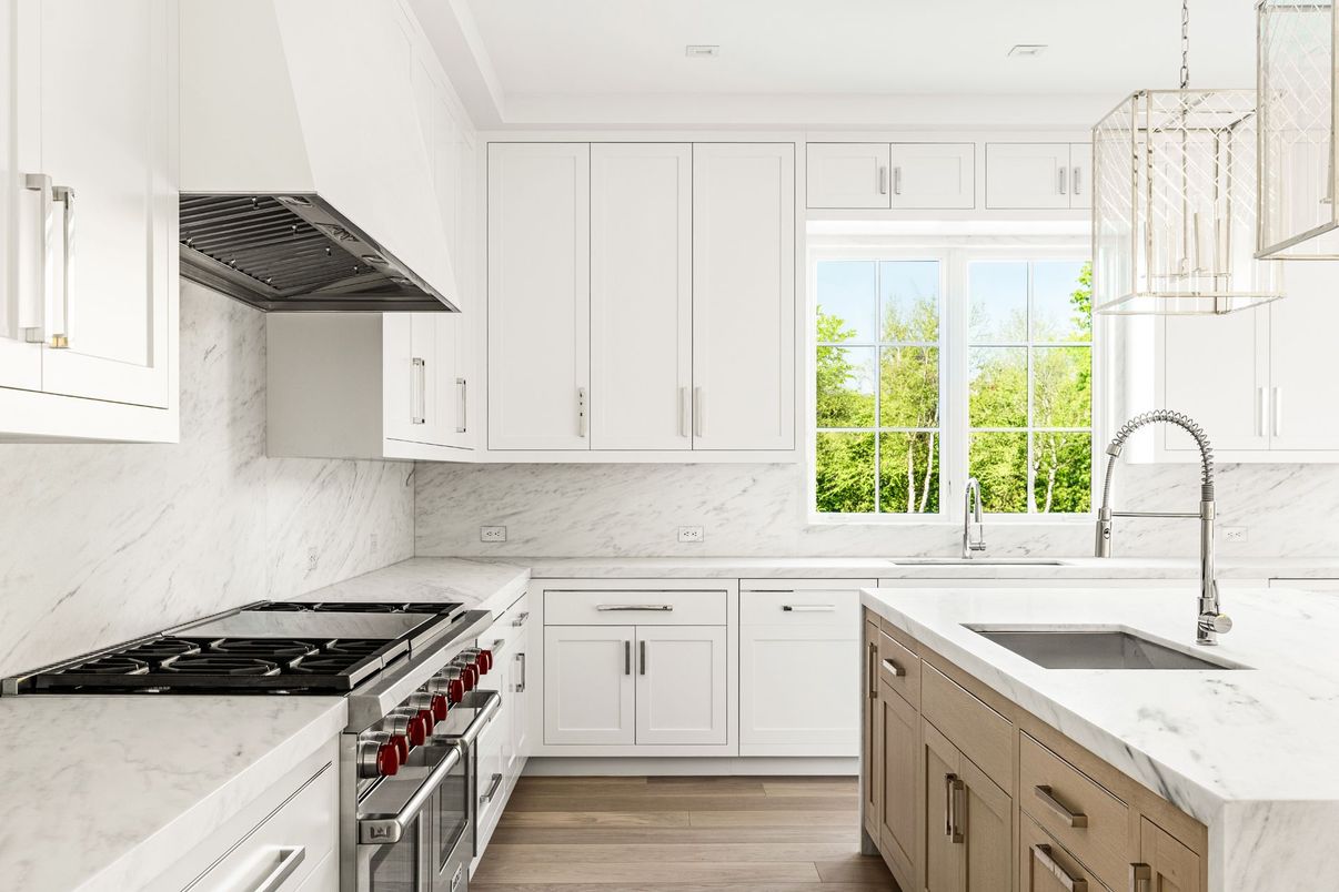 Interior, Kitchen, Marble Walls, Pendant Lights, Stainless Steel Appliances, Wood Texture Flooring