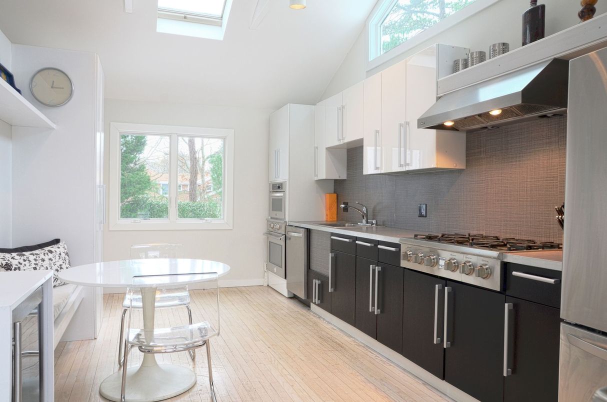 Dining room, Interior, Kitchen, Recessed Lighting, Stainless Steel Appliances, Wood Texture Flooring
