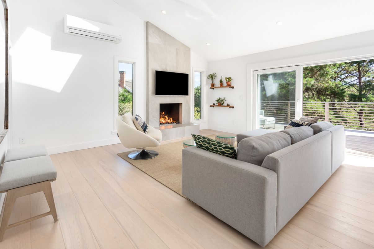 Fireplace, Interior, Living room, Recessed Lighting, Wood Texture Flooring