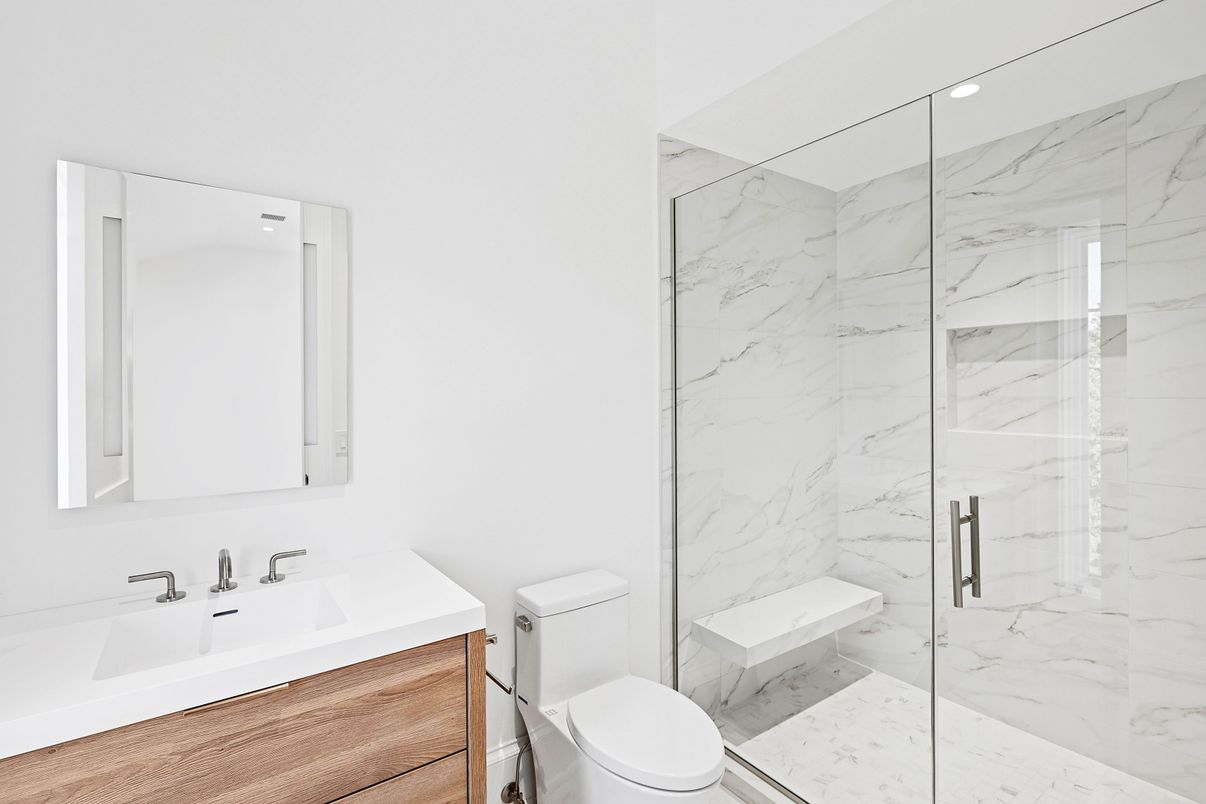 Bathroom, Glass Shower, Interior, Marble Walls, Recessed Lighting