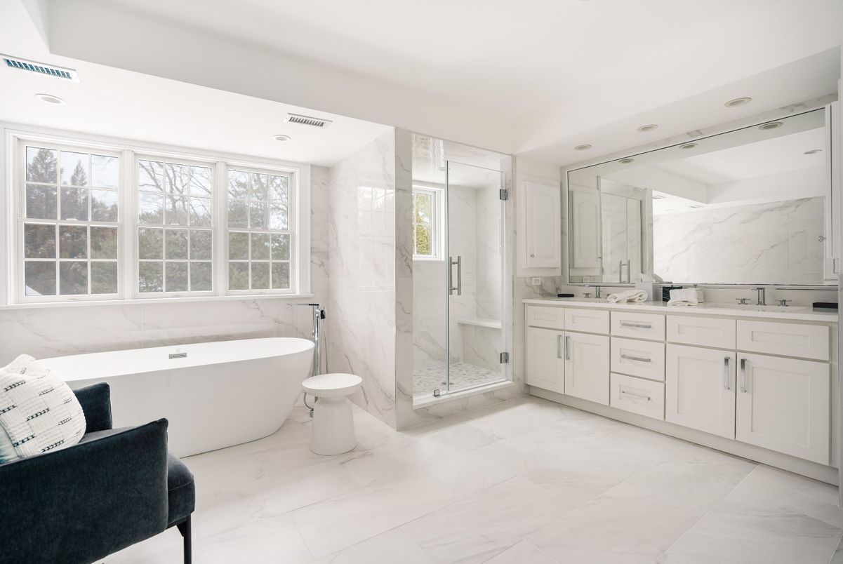 Bathroom, Dual Sink Vanities, Free Standing Baths, Glass Shower, Interior, Marble, Marble Walls, Recessed Lighting
