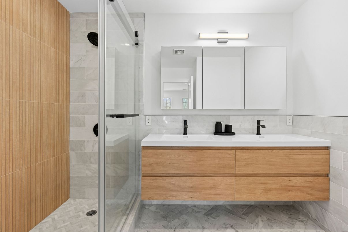 Bathroom, Dual Sink Vanities, Glass Shower, Interior, Marble