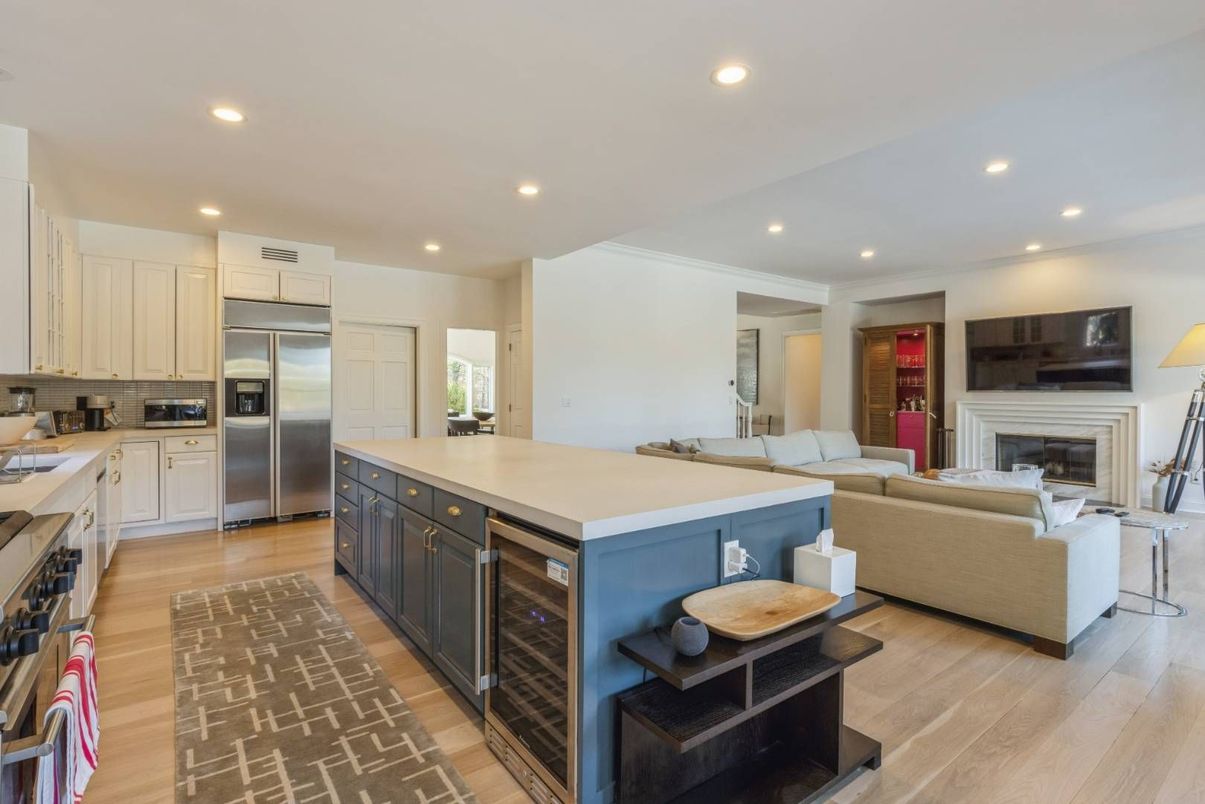 Fireplace, Interior, Kitchen, Living room, Recessed Lighting, Stainless Steel Appliances, Wood Texture Flooring