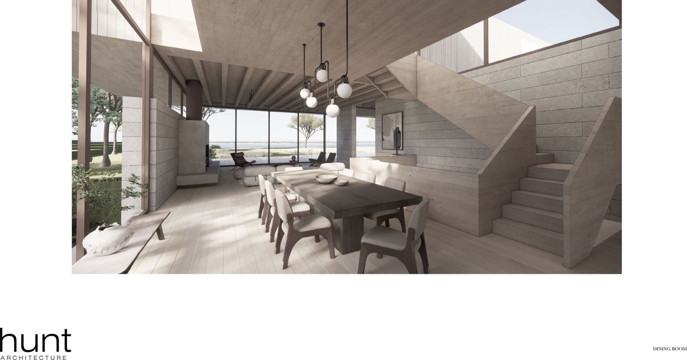 Dining room, Interior, Pendant Lights, Water, Wood Texture Flooring