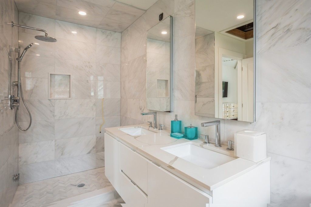 Bathroom, Dual Sink Vanities, Glass Shower, Interior, Marble Walls, Recessed Lighting