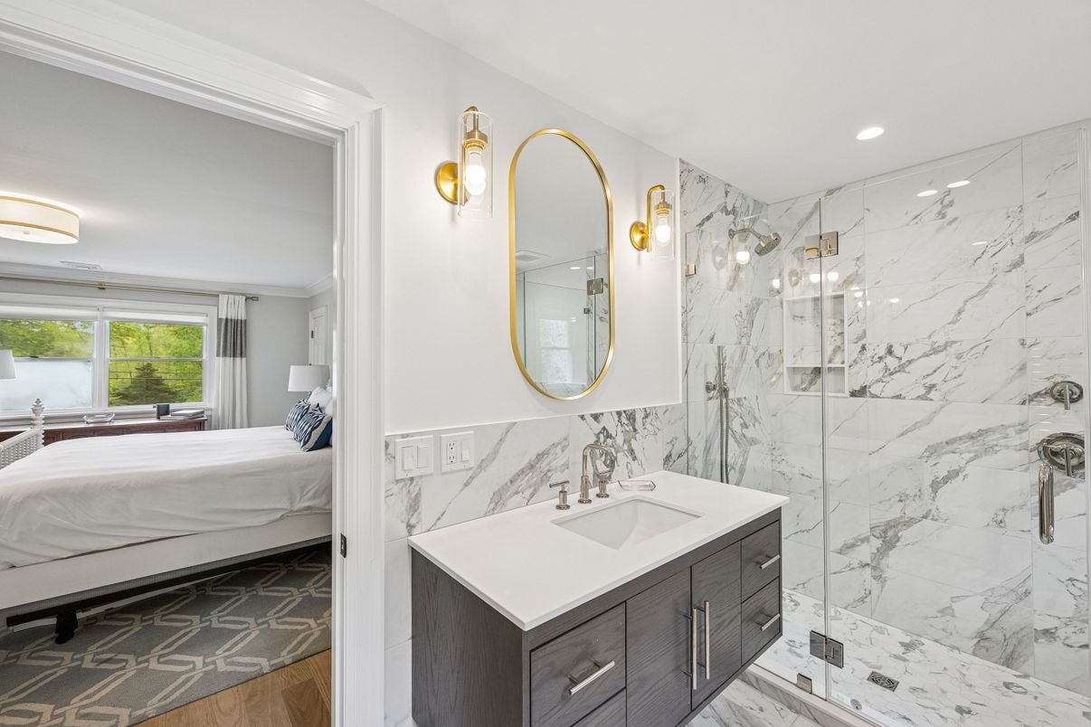Bathroom, Bedroom, Glass Shower, Interior, Marble Walls, Recessed Lighting, Wood Texture Flooring