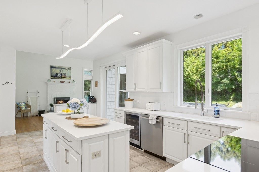 Fireplace, Interior, Kitchen, Pendant Lights, Recessed Lighting, Stainless Steel Appliances
