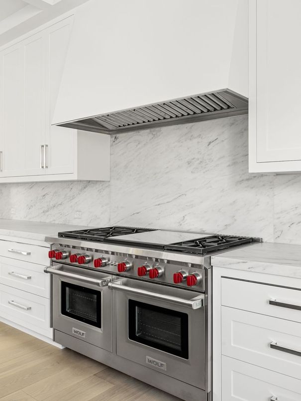Interior, Kitchen, Marble Walls, Stainless Steel Appliances, Wood Texture Flooring