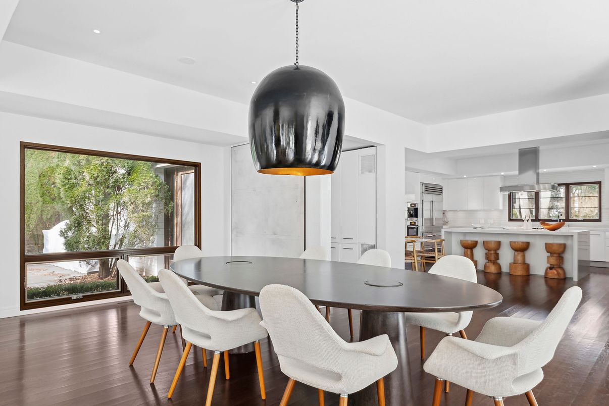 Dining room, Interior, Kitchen, Pendant Lights, Recessed Lighting, Wood Texture Flooring
