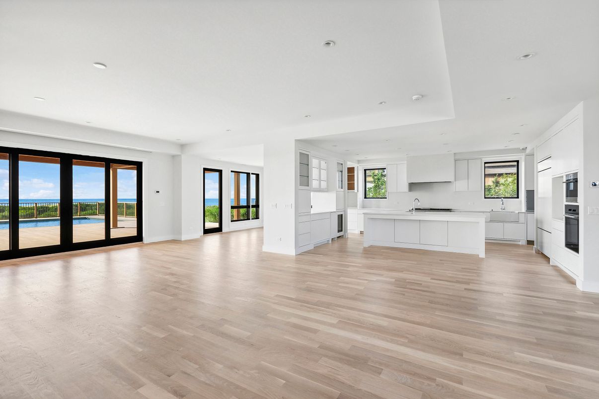 Empty room, Interior, Kitchen, Recessed Lighting, Water, Wood Texture Flooring