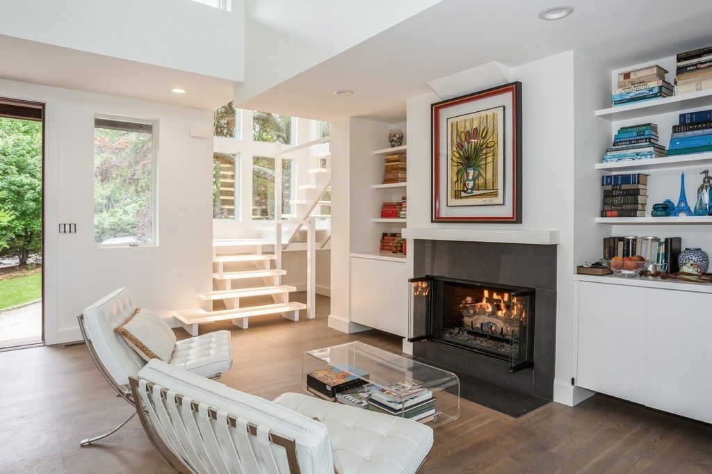Fireplace, Interior, Living room, Recessed Lighting, Wood Texture Flooring