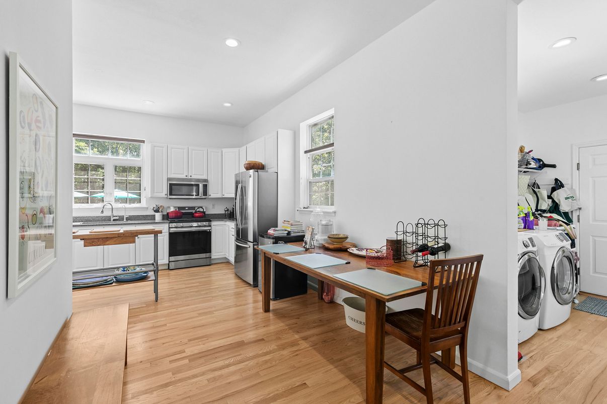 Interior, Kitchen, Recessed Lighting, Stainless Steel Appliances, Washer, Wood Texture Flooring
