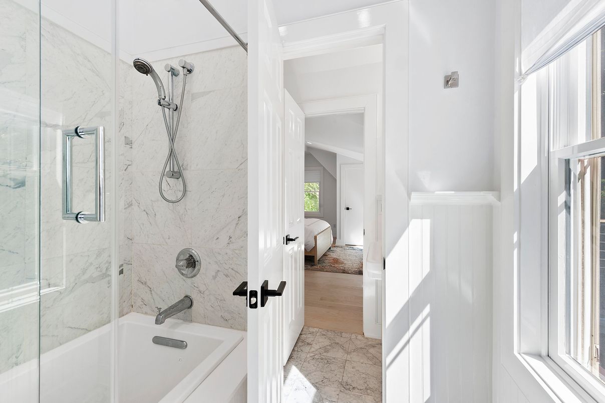 Bathroom, Glass Shower, Interior, Marble, Marble Walls, Wood Texture Flooring