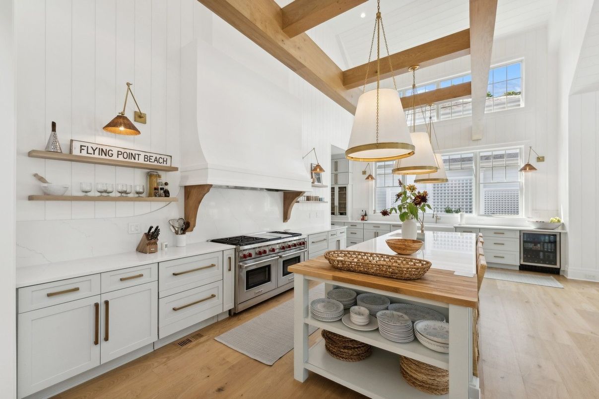 Interior, Kitchen, Pendant Lights, Recessed Lighting, Stainless Steel Appliances, Wooden Beams, Wood Texture Flooring