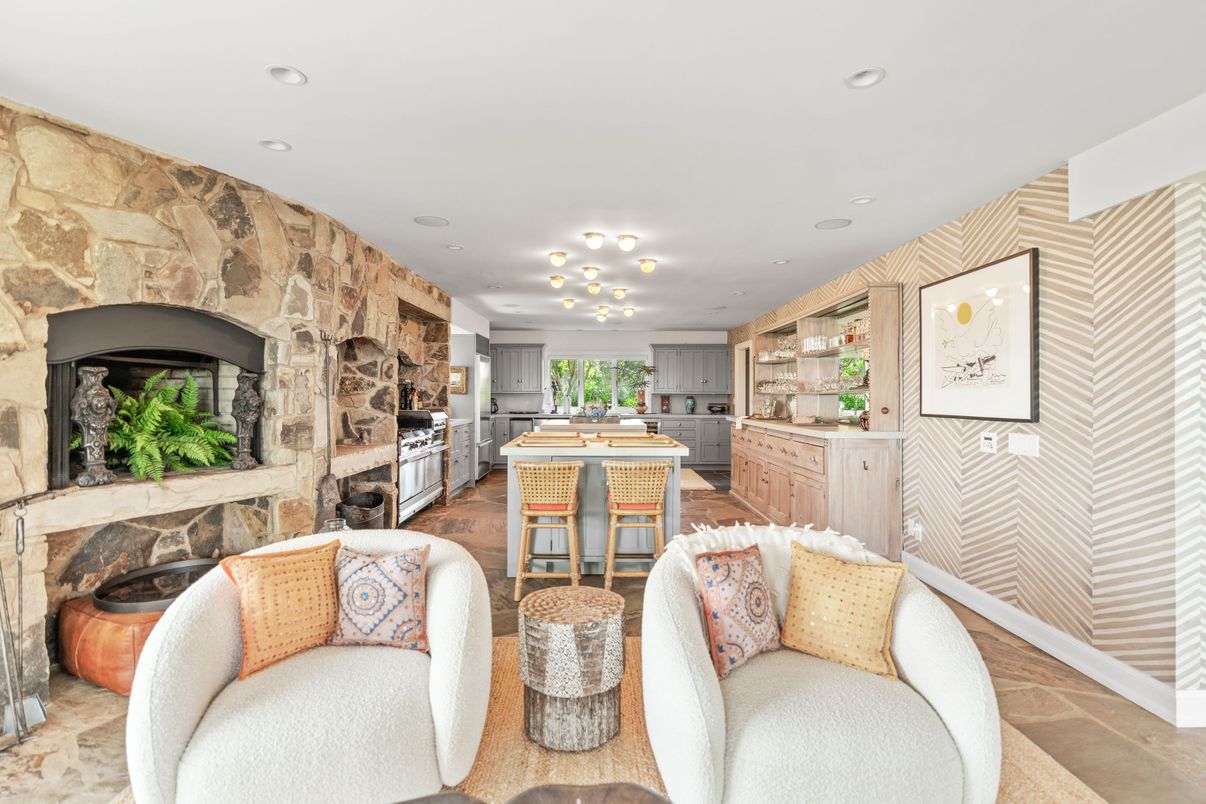 Fireplace, Interior, Kitchen, Living room, Recessed Lighting, Stone Walls