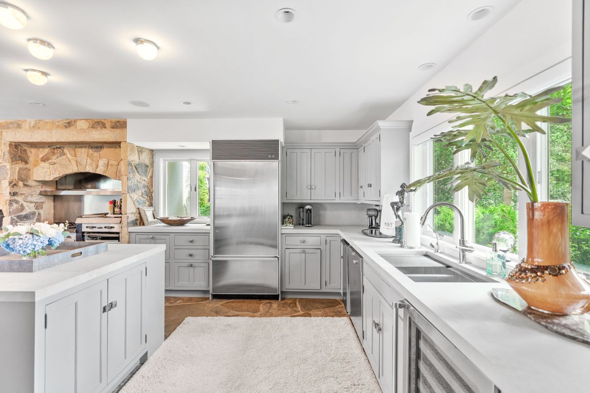 Interior, Kitchen, Recessed Lighting, Stainless Steel Appliances, Stone Walls, Wood Texture Flooring