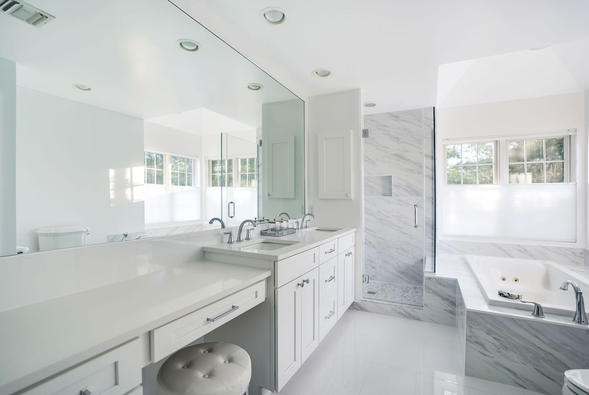 Bathroom, Dual Sink Vanities, Glass Shower, Interior, Marble Walls, Recessed Lighting
