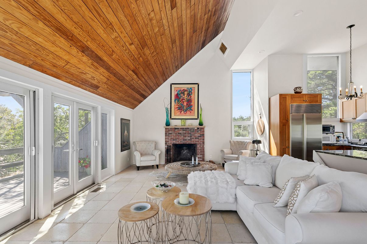 Fireplace, Interior, Kitchen, Living room, Pendant Lights, Stainless Steel Appliances, Wooden Ceilings