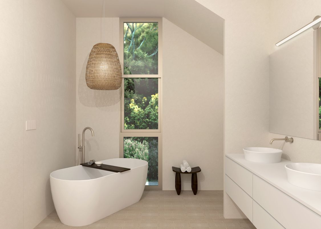 Bathroom, Dual Sink Vanities, Free Standing Baths, Interior, Wood Texture Flooring