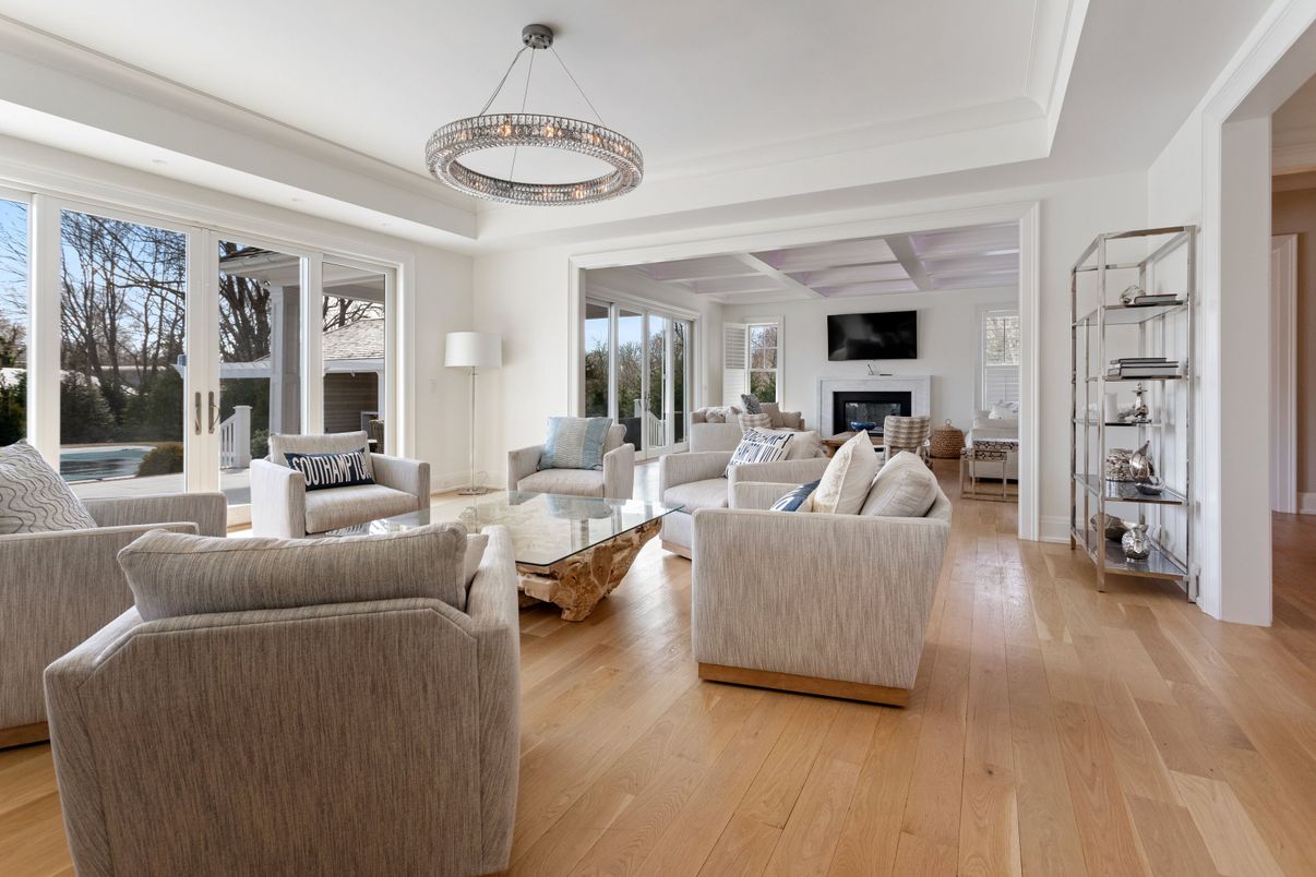Fireplace, Interior, Living room, Pendant Lights, Wood Texture Flooring