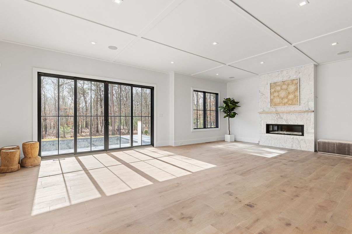 Empty room, Fireplace, Interior, Recessed Lighting, Wood Texture Flooring
