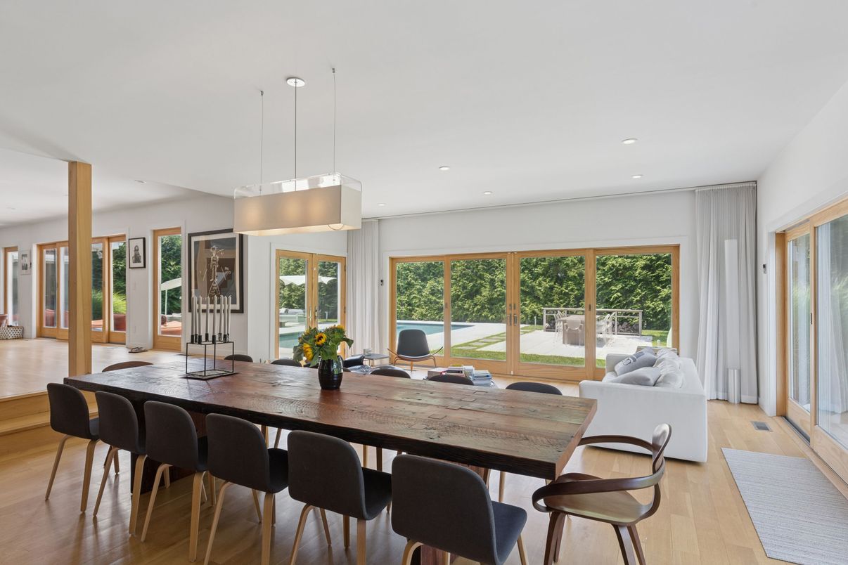 Dining room, Interior, Pendant Lights, Recessed Lighting, Wood Texture Flooring