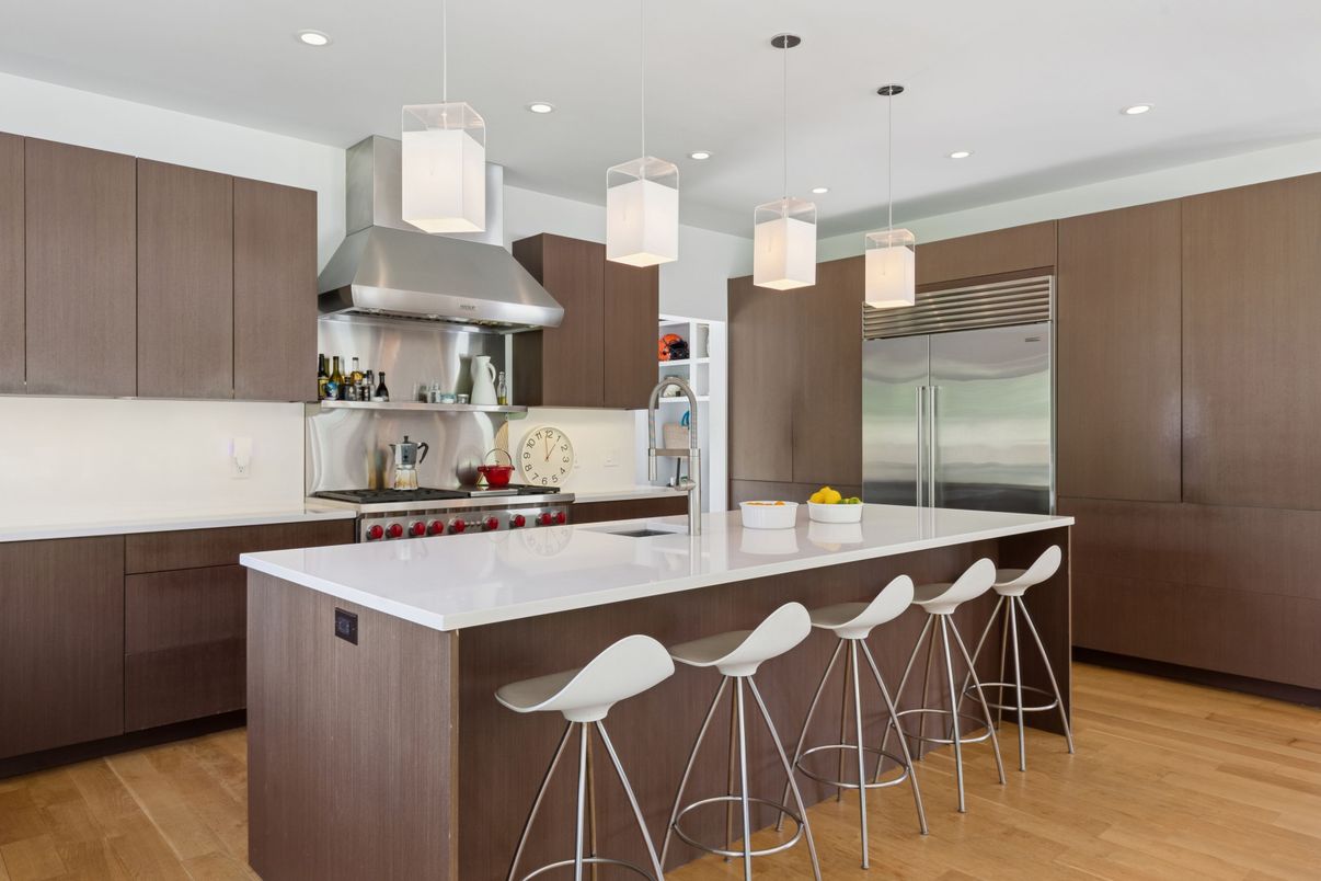 Interior, Kitchen, Pendant Lights, Recessed Lighting, Stainless Steel Appliances, Wood Texture Flooring