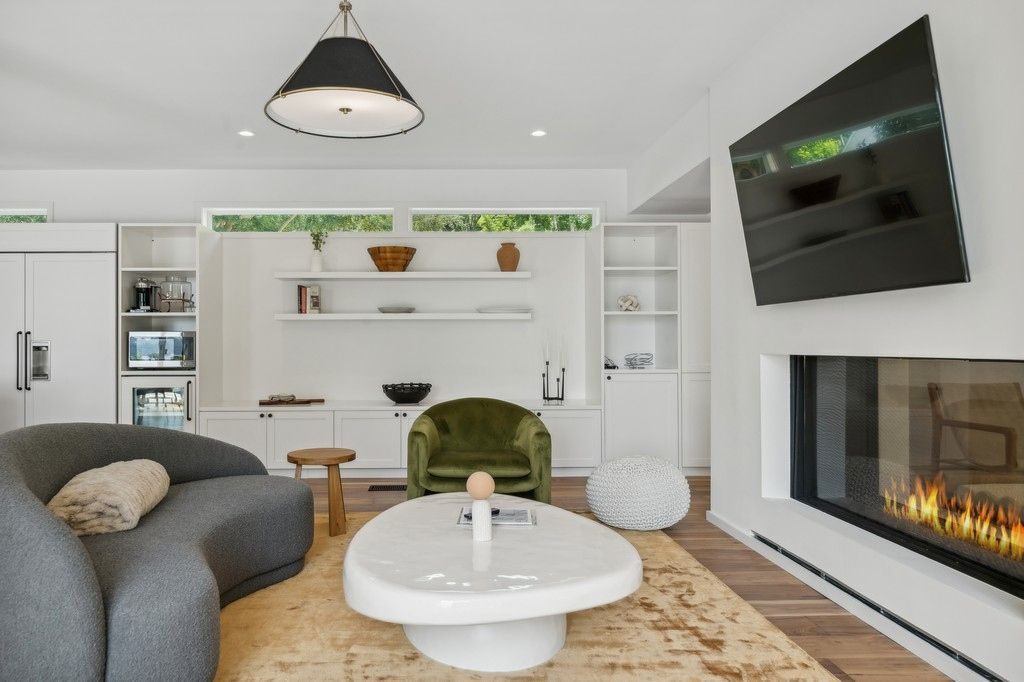 Fireplace, Interior, Living room, Recessed Lighting, Wood Texture Flooring