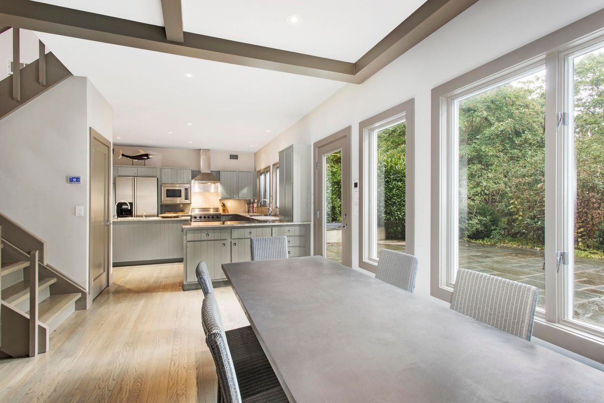 Dining room, Interior, Kitchen, Recessed Lighting, Stainless Steel Appliances, Wood Texture Flooring