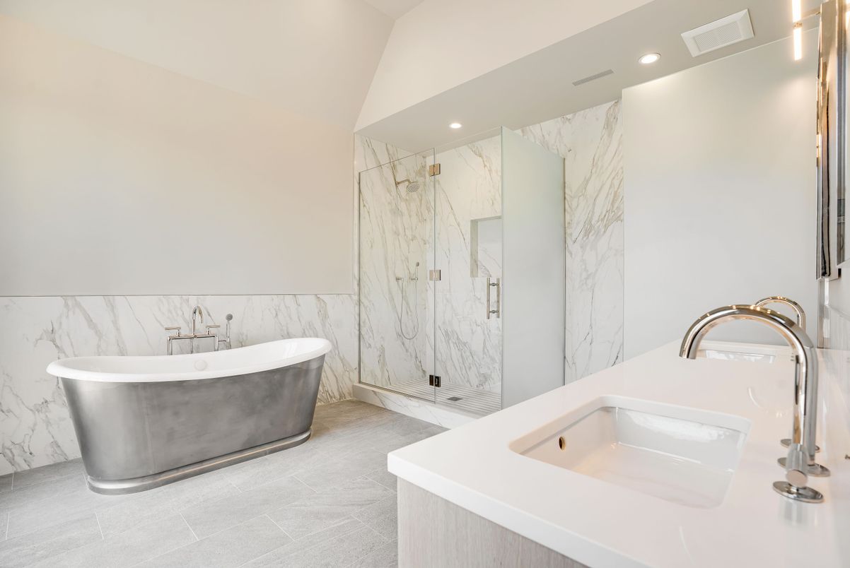 Bathroom, Dual Sink Vanities, Free Standing Baths, Glass Shower, Interior, Marble Walls, Recessed Lighting