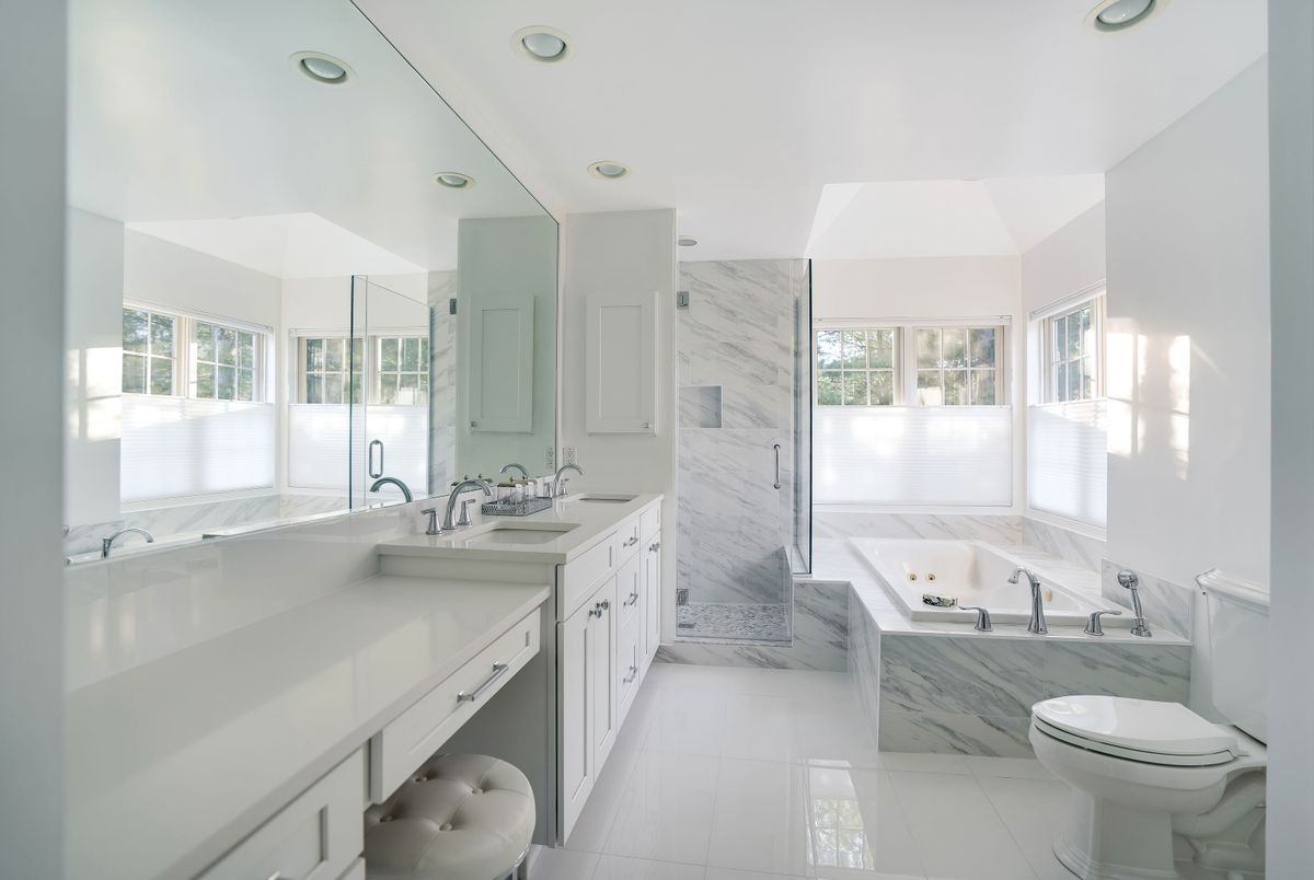 Bathroom, Dual Sink Vanities, Glass Shower, Interior, Marble, Marble Walls, Recessed Lighting