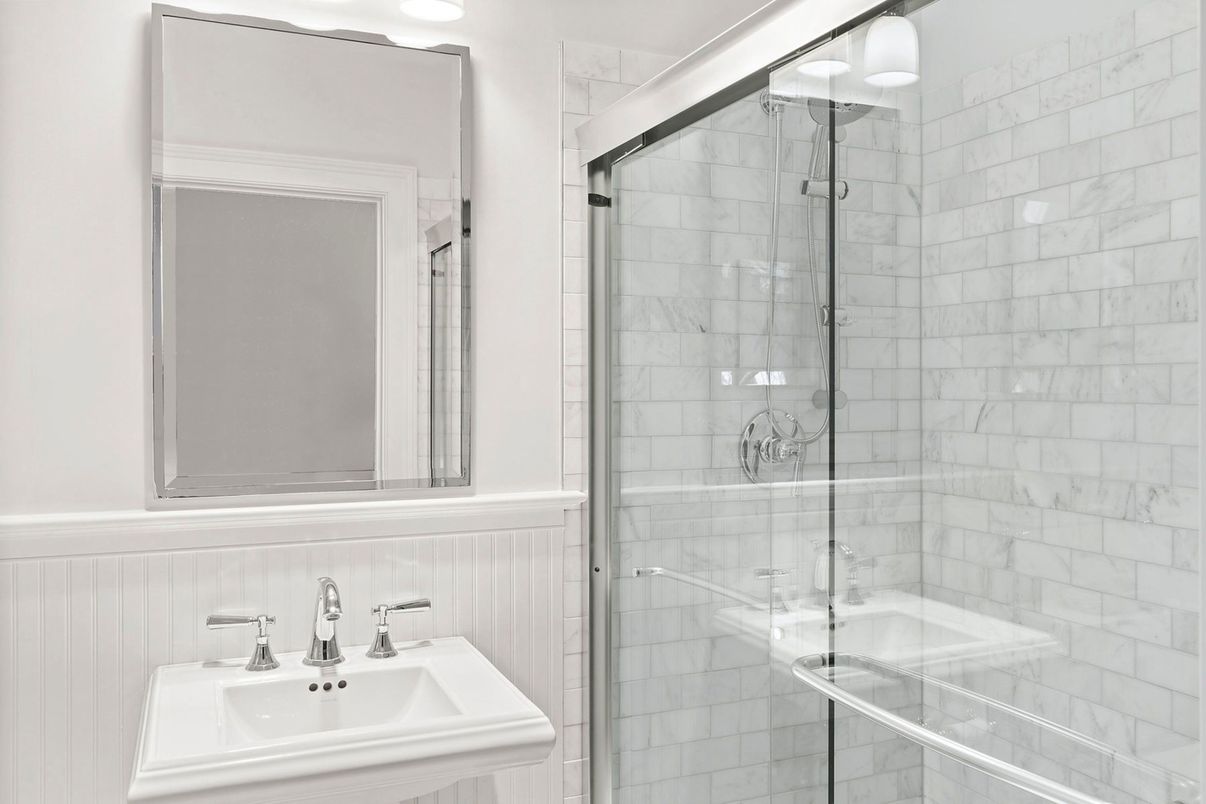 Bathroom, Glass Shower, Interior, Marble Walls, Recessed Lighting