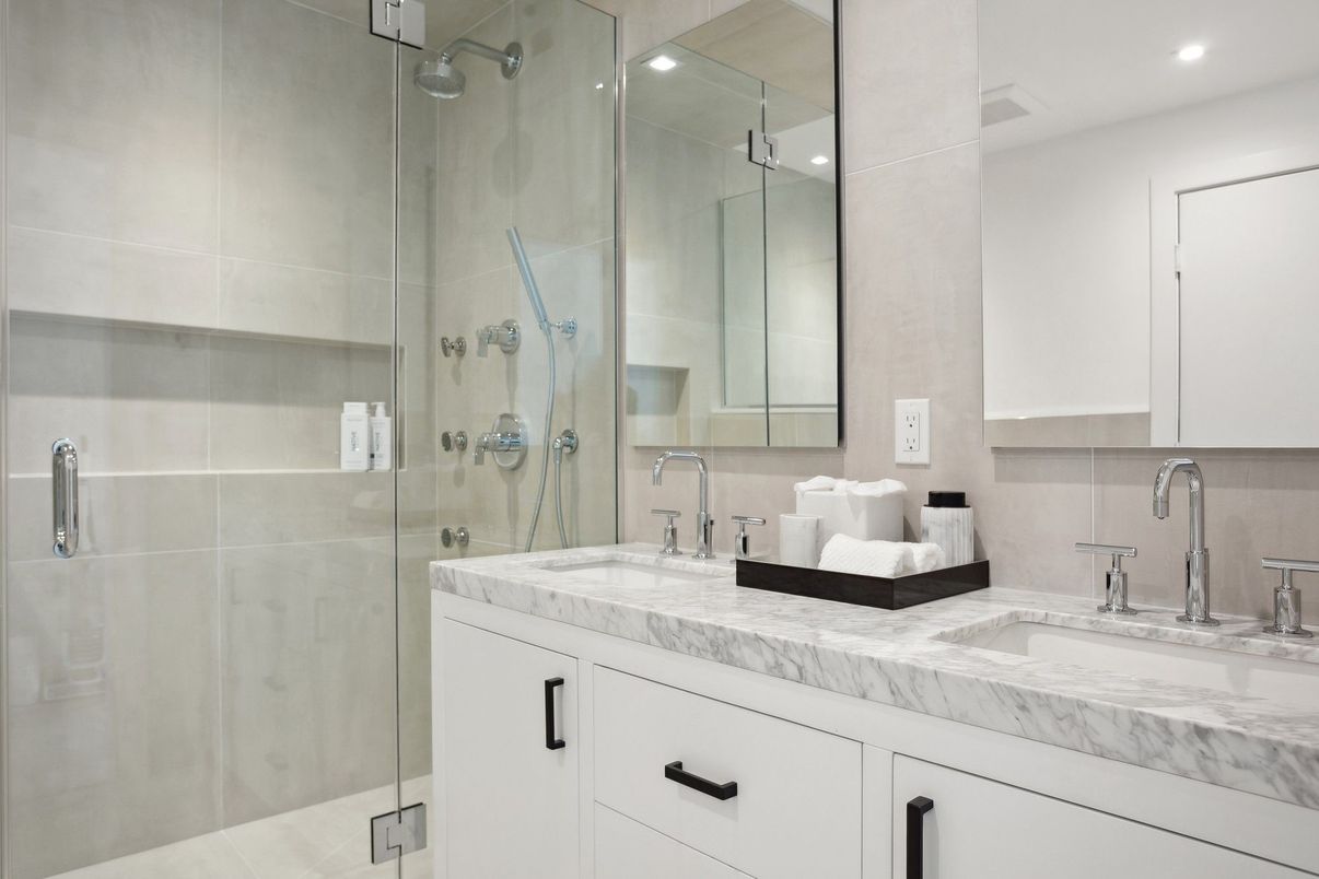 Bathroom, Dual Sink Vanities, Glass Shower, Interior, Recessed Lighting