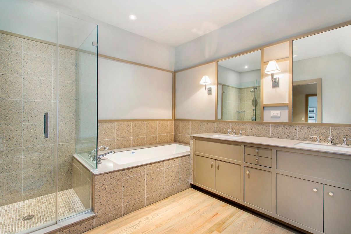 Bathroom, Dual Sink Vanities, Glass Shower, Interior, Recessed Lighting, Wood Texture Flooring